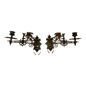 Antique Ornate Brass Piano Sconces - a Pair