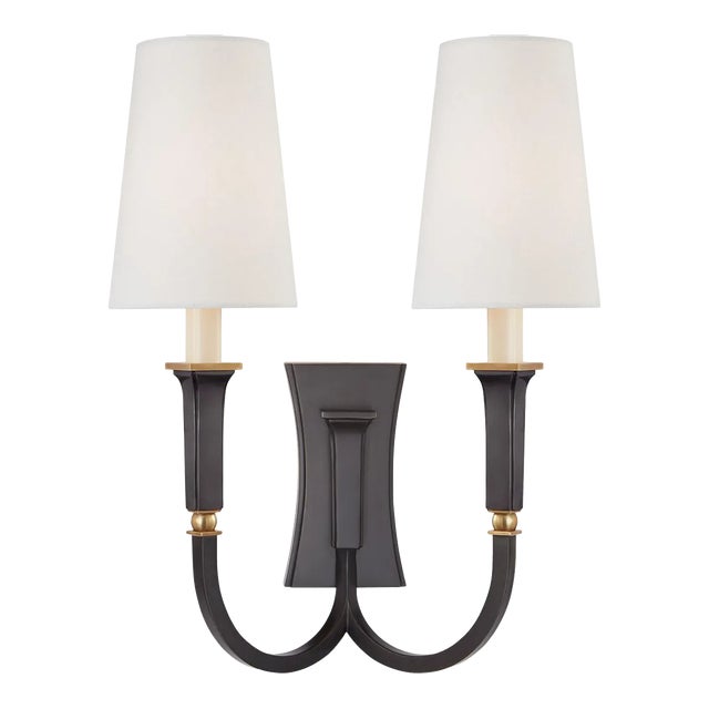 Thomas O'Brien for Visual Comfort Signature Delphia Large Double Arm Sconce in Bronze & Hand-Rubbed Antique Brass with Linen Shade For Sale