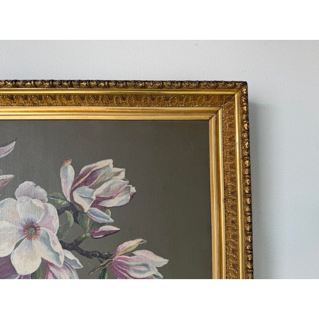 Wood Vintage Magnolia Blossom Still Life Oil on Board Painting in Ornate Gold Wood Frame For Sale - Image 7 of 12