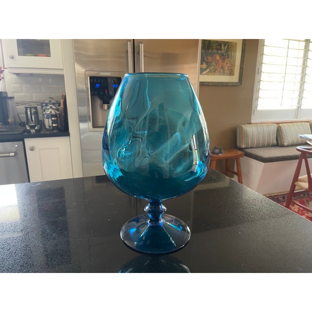 Here is a spectacular Mid Century Modern Empoli Italian Murano Sapphire Blue Stemmed Bandy Snifter Vase. Swirl Optic...