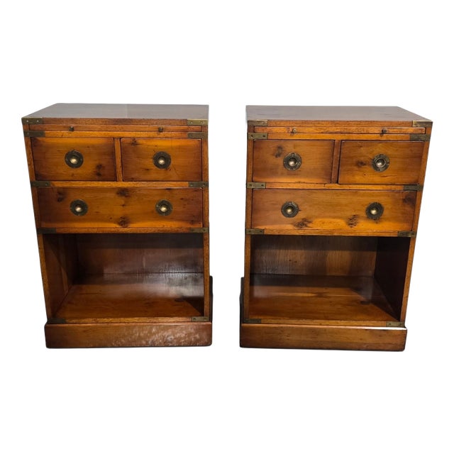 Campaign Yew Bedside Lamp Tables, 1920, Set of 2 For Sale