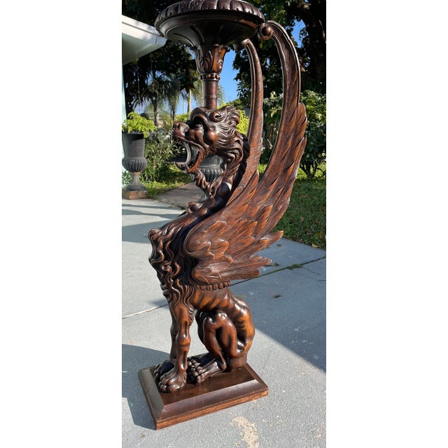 19th Century Rare Monumental Pair of Hand-Carved Griffin Pedestal Stands in Dark Wood For Sale - Image 11 of 12