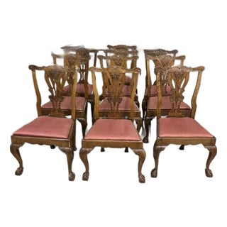 Late 1700s Irish Hand Carved Walnut Chippendale Side Chairs Set of 10 For Sale