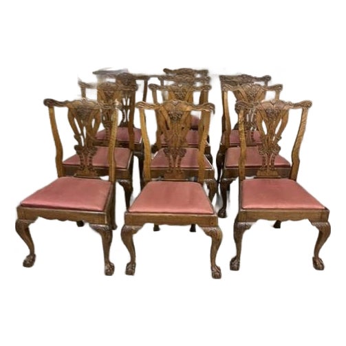 Late 1700s Irish Hand Carved Walnut Chippendale Side Chairs Set of 10 For Sale