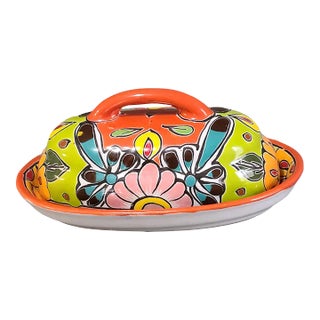 Late 20th Century Talavera Mexico Colorful Hand Painted Butter Dish For Sale