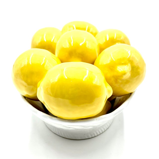 A lovely Mid-Century Italian majolica basket of lemons in a white latticework bowl. Marked "Made in Italy" on reverse....
