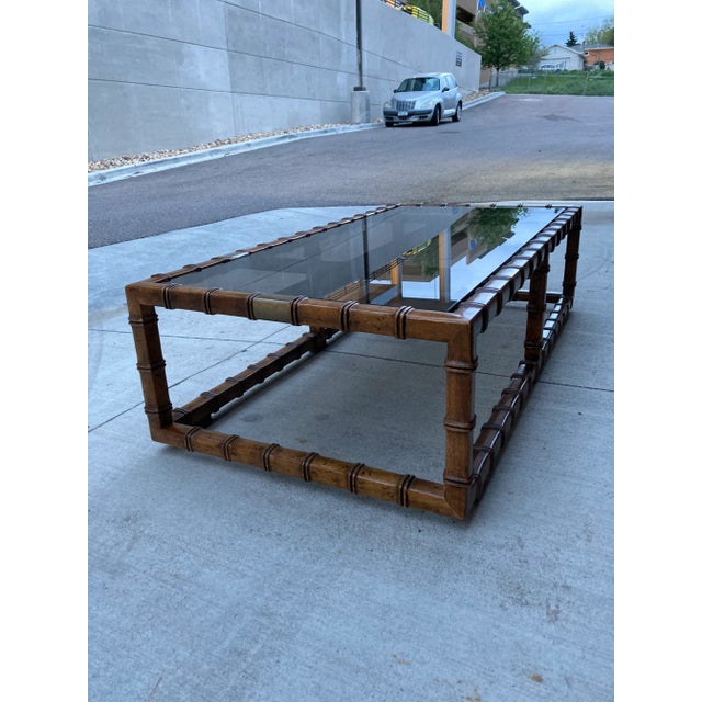 Mid 20th Century Drexel Faux Bamboo Brass & Smoked Glass In-Set Coffee Table For Sale In Denver - Image 6 of 13