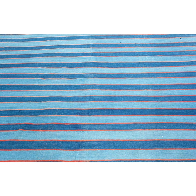 Mid-Century Modern Doris Leslie Blau Vintage Indian Dhurrie Striped Blue Rug For Sale - Image 3 of 7
