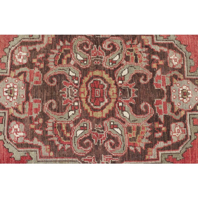 Textile Antique Turkish Oushak Rug With Medallion in Soft Red, Light Green & Brown For Sale - Image 7 of 16