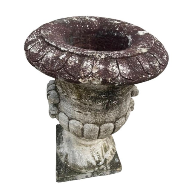 2000 - 2009 Vintage Classical Cast Stone Garden Urn With Fleur-De-Lis Relief & Weathered Patina For Sale - Image 5 of 12