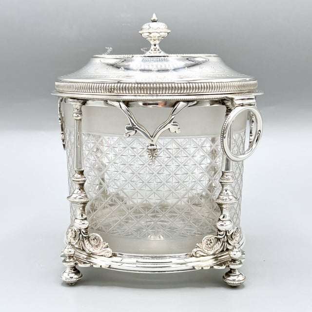 Antique Edwardian English Biscuit Barrel with Silver Plated and Cut Glass Liner, England, 1900 For Sale - Image 13 of 18