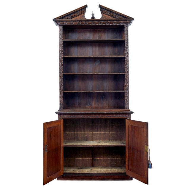 19th century inlaid oak architectural cabinet bookcase circa 1880. unusual open bookcase on cabinet base. top decorated...