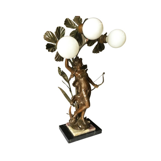 Bronze Early Three Bulb Art Nouveau Figural Bronze and Marble Table Lamp For Sale - Image 8 of 8