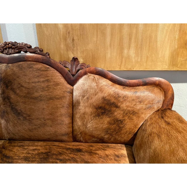 Brown French Settee- Vintage French Country- 1800s-Reupholstered Brindle Cowhide For Sale - Image 8 of 10