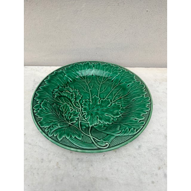 French Green Majolica Leaves Plate Montereau, circa 1890.