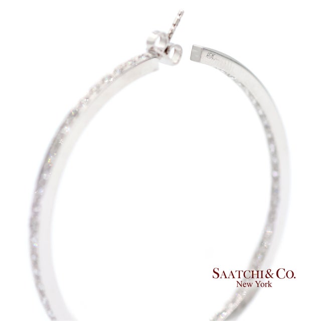 18k(750) Solid White Gold Natural Diamond Hoop Earrings in and Out Diamond For Sale In New York - Image 6 of 10