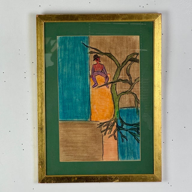 A whimsical original painting by Woody Allen's 1st wife Harlene Susan Rosen Allen. It's of a harlequin (?) sitting in a...