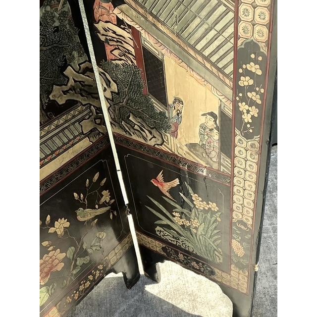Mid 20th Century Vintage Chinoiserie Four Panel Folding Screen For Sale - Image 5 of 12