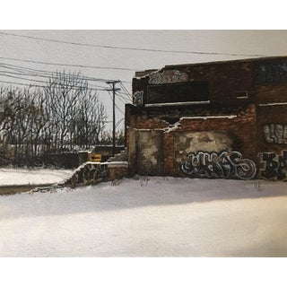 Central Street by Stephanie Buer | Oil on canvas Urban landscape with a snow-covered street and graffiti. For Sale
