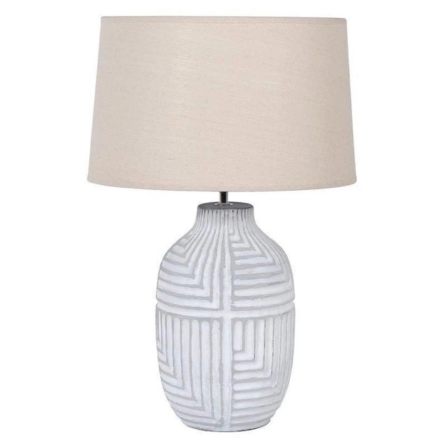 Light beige linen shade, body is white textured ceramic (with geometric pattern trim), built-in 3-color adjustable LED...