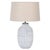 Light beige linen shade, body is white textured ceramic (with geometric pattern trim), built-in 3-color adjustable LED...