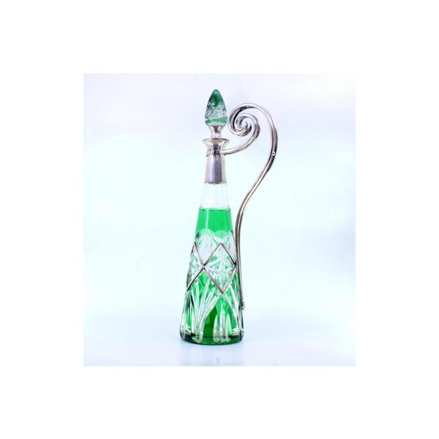 Metal Wine Bottle in Cut Green Glass with Silver Frame and Smooth Handle with Curls For Sale - Image 7 of 9