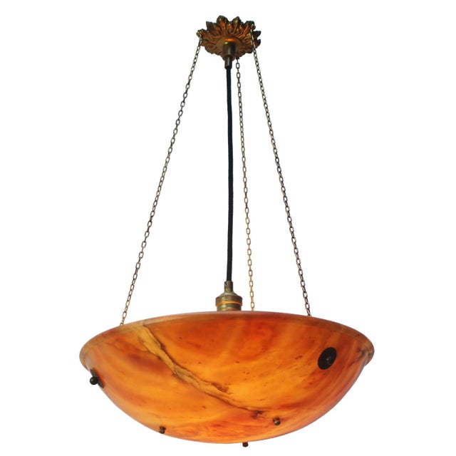 French Alabaster Art Deco pendant chandelier ca 1920s Brass chain and brass ceiling cover. E27 / E26 Up to 250V (Europe/UK...