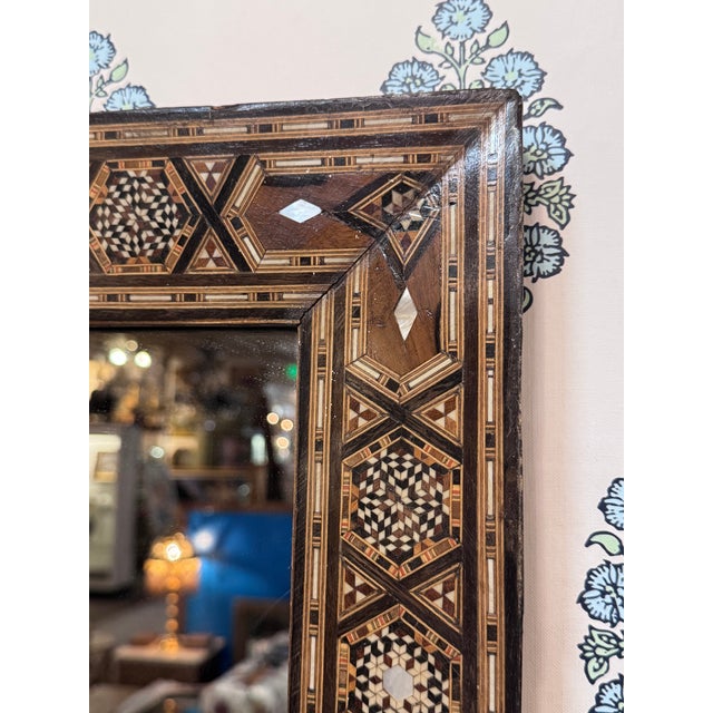 Vintage Marquetry Wood Inlay Mirror With Mother-of-Pearl Accents For Sale In Los Angeles - Image 6 of 6