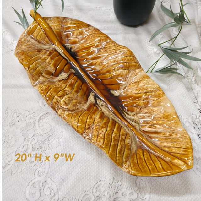 Maurice of California 1950s Gold Leaf Tray Mid Century Modern Ceramic Banana Leaf Platter 20” For Sale - Image 11 of 14