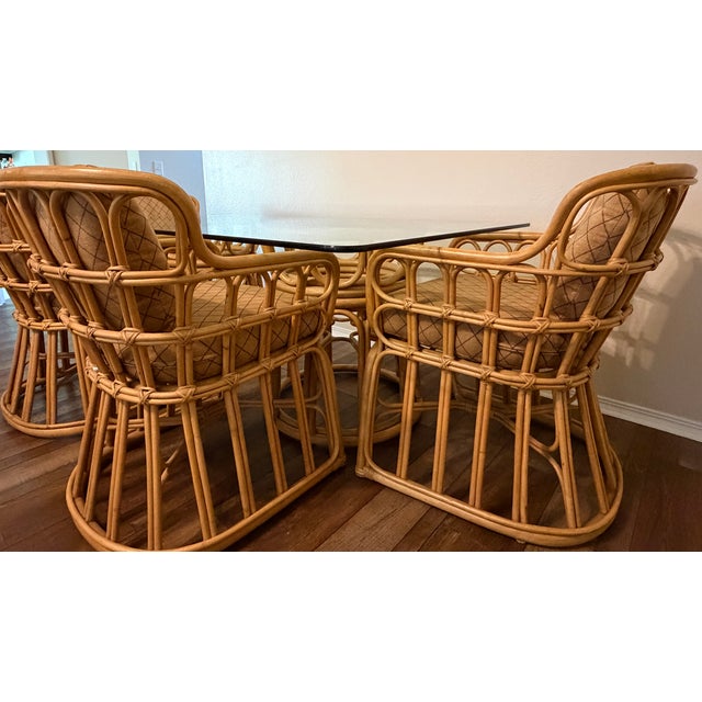 Designer Vintage Brown Jordan Rattan Dining Set W/ Double Pedestal Table, 4 Chairs, Glass Top For Sale - Image 13 of 18
