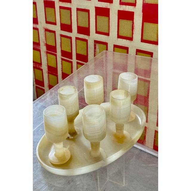 1960s Carved Onyx Stemware + Tray, Set of 7 Pieces For Sale - Image 14 of 17