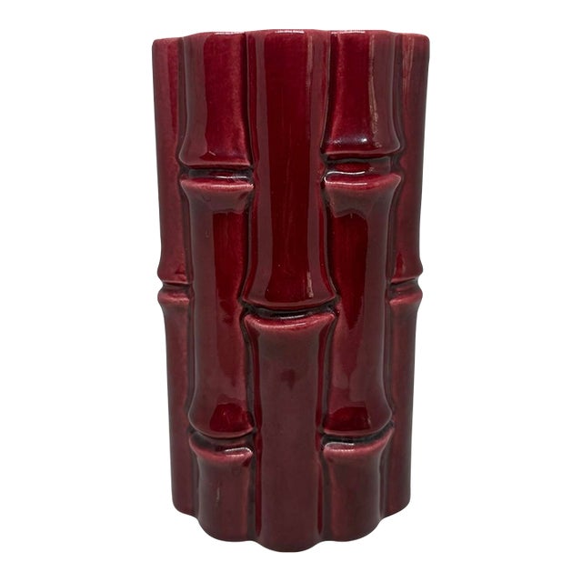 1950’s Red Wing Usa Burgundy Bamboo Ceramic 7.5” Tall Vase #400 Light Grey Interior For Sale