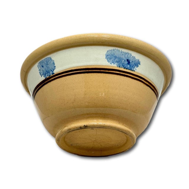 Nice Antique English Blue Seaweed Decorated & Banded Yellow Ware Kitchen Mixing Bowl - Circa Mid 19th Century For Sale - Image 11 of 18