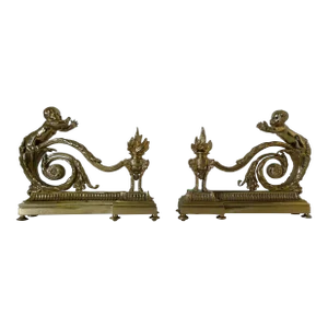 French Early 20th Century Louis XV Style Bronze Chenets With Children - a Pair
