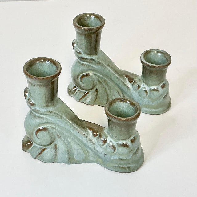 This is a pair of Candlestick Holders from American Pottery shop Frankoma out of Oklahoma. They feature the Woodland Moss...