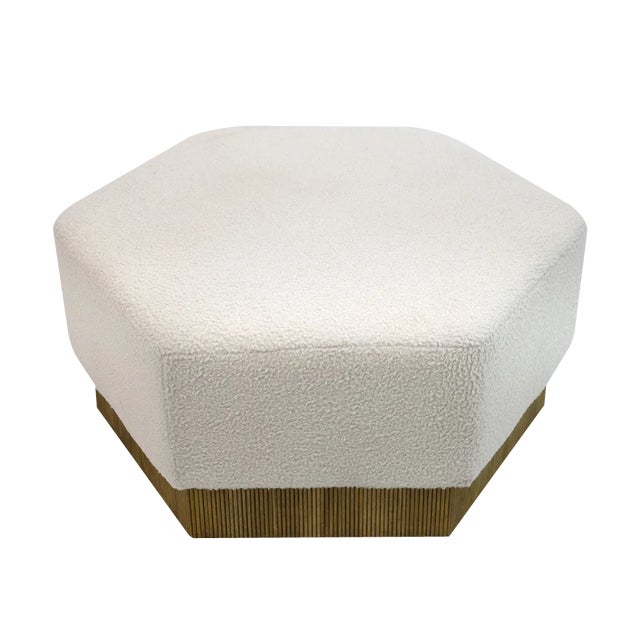 Hexagonal Pouf in Soft White Boucle on Wooden Base, Italy, 1989 For Sale