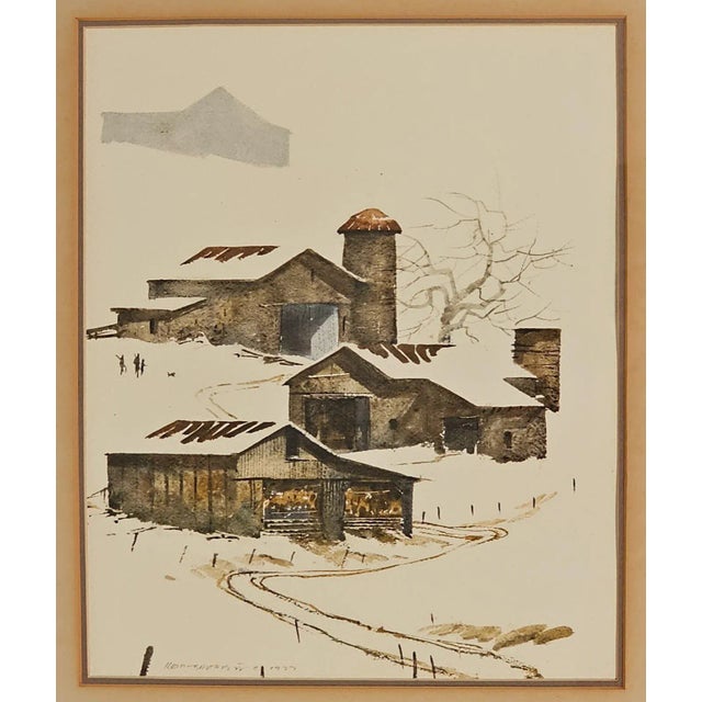 An original watercolor of a farm scene, signed indistinctly lower left and dated 1977.