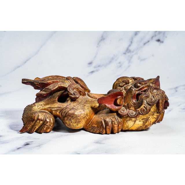 Chinese Hand Carved Antique Chinese Guardian Lion Wall Plaque Gilt Foo Dog Sculpture Asian Home Decor For Sale - Image 3 of 17
