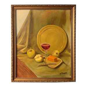 Vintage Signed Still Life Oil Painting “Wine & Apples” in Ornate Gold Frame – Betty Moore