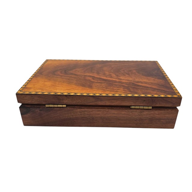 Mid 20th Century Handcrafted Inlaid Walnut Pistol Case With Red Fleece Interior – 12” Custom Box For Sale - Image 5 of 9