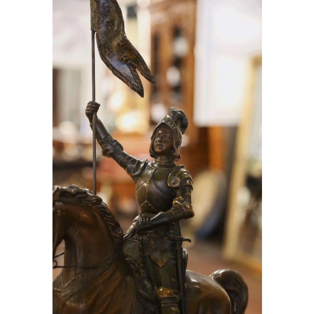 Metal 19th Century French Patinated Spelter Statue Composition "Joan of Arc on Horse" For Sale - Image 7 of 9