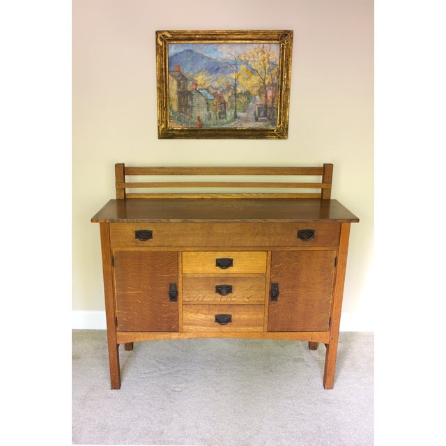 Metal Gustav Stickley Sideboard Model 816, Signed "Als Ik Kan" Joiner's Compass Decal, Arts & Crafts Craftsman Workshop, C. 1907–1912 For Sale - Image 7 of 12
