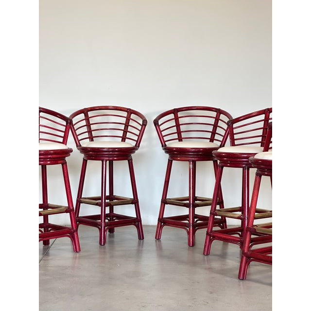 1970s Rattan, Wood and Bamboo Swivel Bar Stools, 1970s, Set of 6 For Sale - Image 5 of 18
