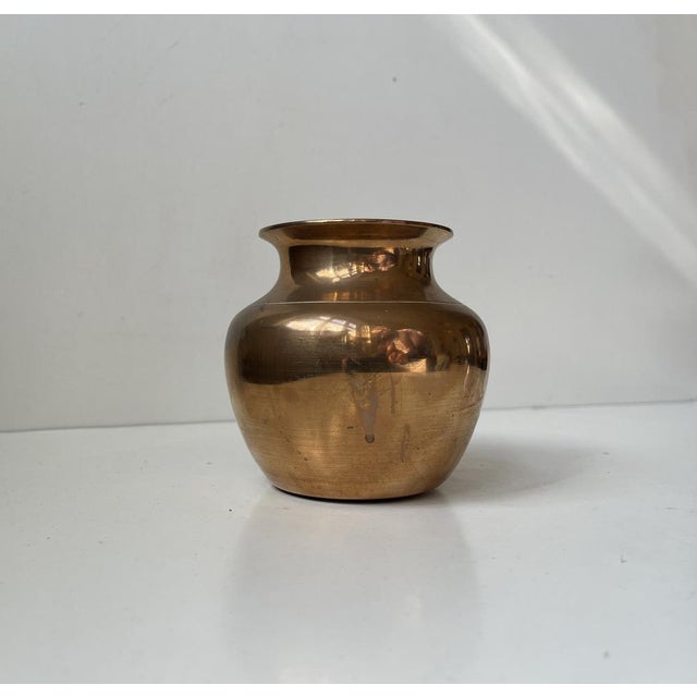 Small chubby vase in patinated light bronze. Unknown Scandinavian maker/designer in a style reminiscent of Just Andersen...