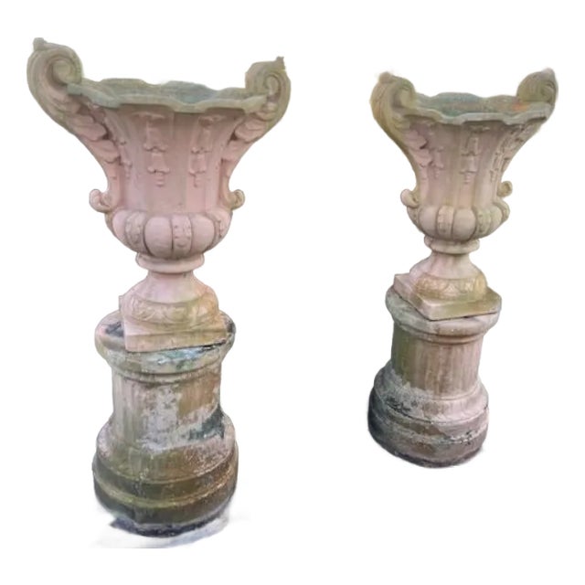 1920s Pair of Italian Large Stone Garden Urns on Pedestal 52 Inches Tall. 25 W For Sale