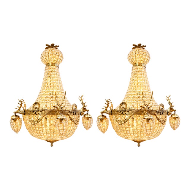 Late 20th Century French Louis XVI Gold Deer Chandeliers - Pair For Sale