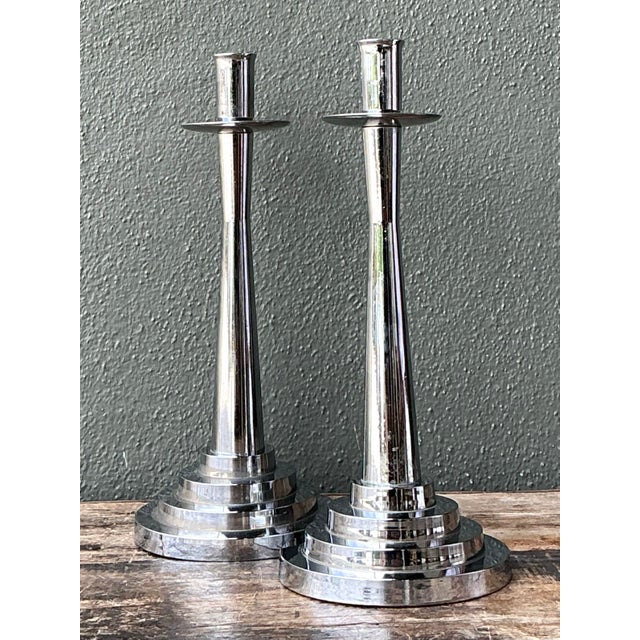 Vintage Stepped Base Chrome Candlesticks For Sale - Image 11 of 12