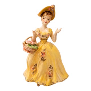 1950s Japanese Porcelain Lady Figurine in Yellow Gown With Rhinestones & Flowers For Sale