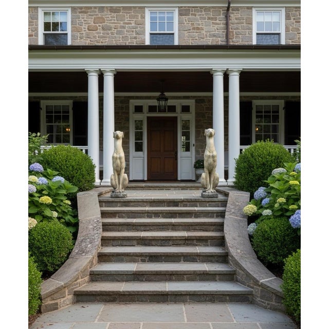 Stone Pair of Cast Stone Seated Greyhound Garden Statues For Sale - Image 7 of 9