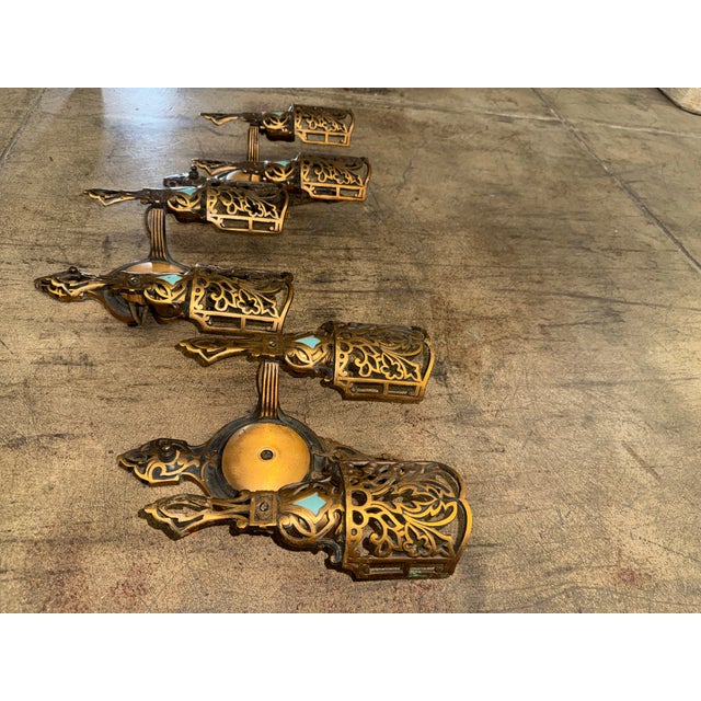 1920s Art Deco Polychrome Sconces With Robin’s Egg Blue Accents and Slip Shades - Set of 3 For Sale In Los Angeles - Image 6 of 12